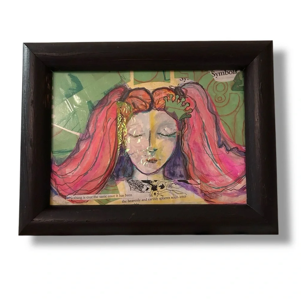 Handmade Framed Pink & Green Original Art Girl Power Gift Dorm Ready BTC 5x7 Art